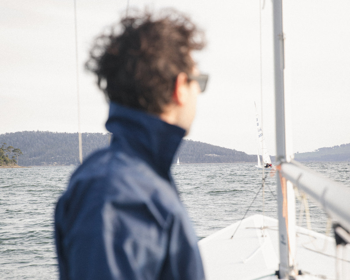 Back view of the Mariner's Smock collar, looking out over the water